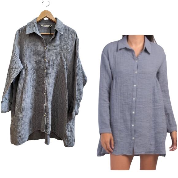Zara Gauzy Pocket Button Down Collared  Babydoll Tunic Mini Dress Size Medium - Picture 1 of 16